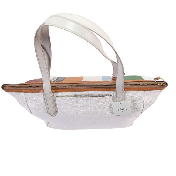 Fossil Sydney Large Striped Leather Tote Bag - White / Patchwork - Picture 7 of 10
